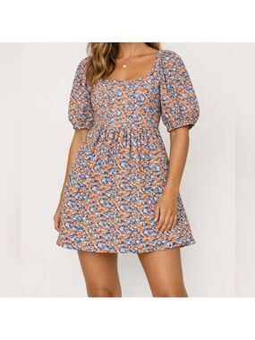 XS • Code X Mode • Puff Sleeve Floral Mini Dress – Orange, Blue & Cream